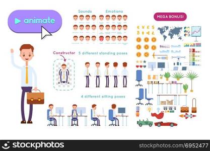 Big set for animating business advertising. Young businessman in a shirt holds a briefcase and waves his hand. On a white background