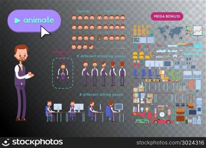 Big set for animation of a businessman character. Animation of sounds, emotions. View straight, side, back, half-turn. Body parts elements for animation. Set for interior and environment, objects for the character.
