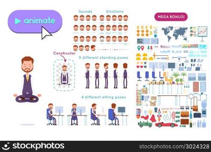 Big set for animation of a businessman character. Animation of sounds, emotions. View straight, side, back, half-turn. Body parts elements for animation. Set for interior and environment, objects for the character.