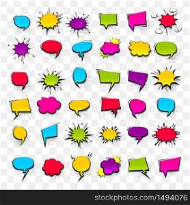 Big set hand drawn colored blank effects template comic speech bubbles halftone dot vector background in pop art style. Dialog empty cloud, space for text. Creative comics book conversation chat. Big set hand drawn effects comic speech bubbles