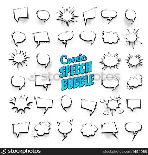 Big set hand drawn monochrome blank effects template comic speech bubbles halftone dot vector background in pop art style. Dialog empty cloud, space for text. Creative comics book conversation chat. Big set hand drawn effects comic speech bubbles