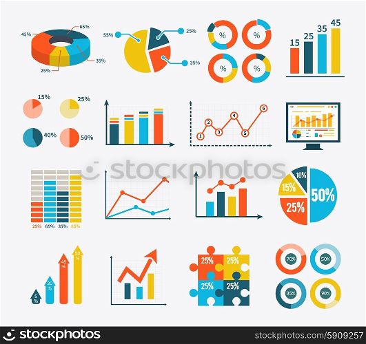 Big set infographic of graph, charts and diagrams. Flat infographic collection schemes in trend color. Can be used for web banners, marketing and promotional materials, presentation templates