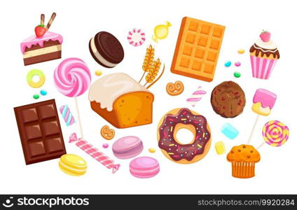 Big set isolated sweets on white background- candy, marmalade, donut, marshmallow, chocolate and macaroon, cake, bakery.Template for confectionery, sweet banner, poster,advertise for candyshop.Vector. Big set of isolated sweets.