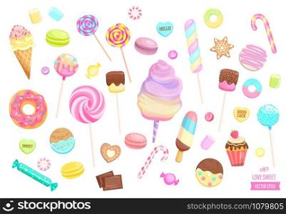 Big set isolated sweets on white background-ice cream,candy,macaroon,cupcake,lollipop,caramel,marmalade.Template for confectionery,sweet banner and poster,advertise for candyshop. Vector illustration. Big set of isolated sweets on white background.