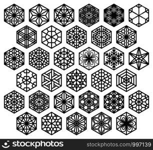 Big set of 33 traditional Japanese ornaments Kumiko inscribed in a hexagon.. Traditional Japanese Kumiko ornament in a hexagon.