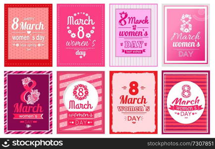 Big set of 8 March greeting cards, Eight number made of flowers, best wishes on International women s day vector illustration poster isolated on pink. Eight Number Made of Two Flowers, Best Wishes