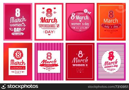 Big set of 8 March greeting cards, Eight number made of flowers, best wishes on International women s day vector illustration poster isolated on pink. Eight Number Made of Two Flowers, Best Wishes
