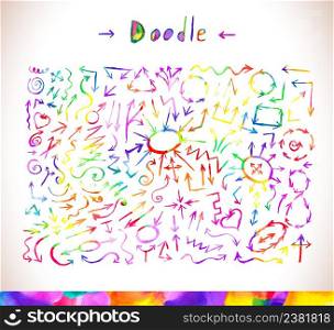 Big set of arrow doodle. Hand drawn shapes circles squares speech bubbles lines.. Graphic signs, colorful watercolor arrows.