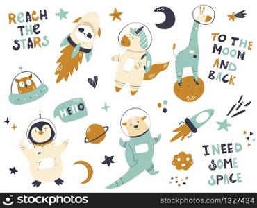 Big set of astronaut animals and space animals unicorn, panda, giraffe, penguin. otter. Adorable character design. Vector illustration. Big set of astronaut animals and space animals.