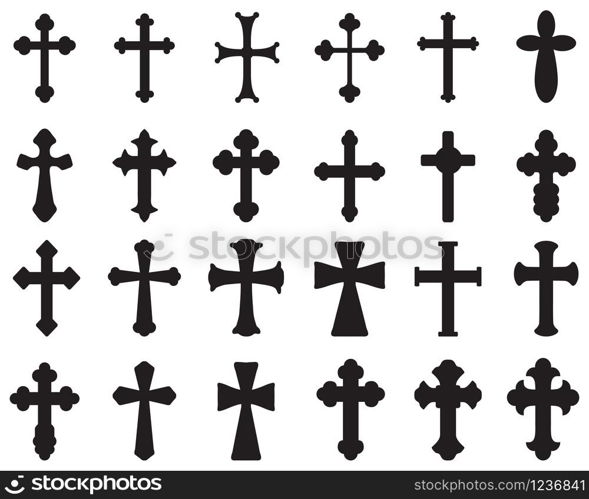 Big set of black silhouettes of different crosses, various religious symbols