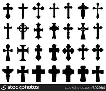 Big set of black silhouettes of different crosses, various religious symbols