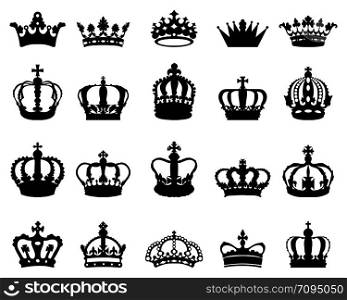 Big set of black silhouettes of different crowns on a white background