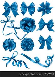 Big set of blue gift bows with ribbons. Vector illustration.