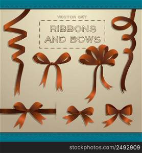 Big set of brown ribbons and bows for gift boxes on beige background flat isolated vector illustration. Ribbons And Bows Set