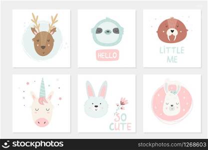 Big set of cards with hand drawn animals. Deer, sloth, walrus, unicorn, rabbit, llama. Big set of cards with hand drawn animals