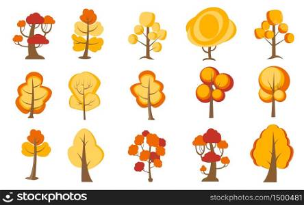 Big set of cartoon trees. Yellow, orange plants with for vegetation spring and autumn backyard landscape wood plant. Nature forest lumber tree park vector isolated icons. Big set of cartoon trees. Yellow, orange plants with for vegetation spring and autumn backyard