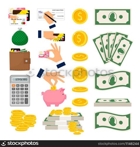 Big set of cash and coin money. Hands putting money in piggy money box, holding credit card. Calculator wallet and credit card vector icons on white background. Money icons big collection