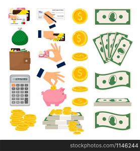 Big set of cash and coin money. Hands putting money in piggy money box, holding credit card. Calculator wallet and credit card vector icons on white background. Money icons big collection