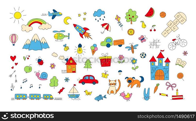 Big set of children drawings. Hand drawn kid doodle. Sun and rainbow over the mountains, knight castle, train and plane and other objects. Colorful vector illustration. Big set of children drawings. Hand drawn kid doodle