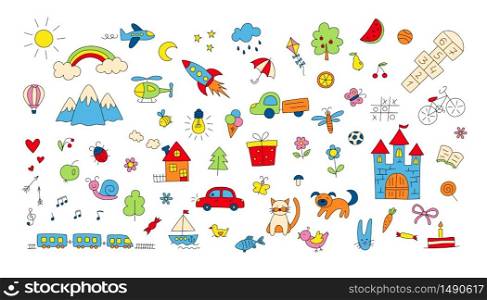 Big set of children drawings. Hand drawn kid doodle. Sun and rainbow over the mountains, knight castle, train and plane and other objects. Colorful vector illustration. Big set of children drawings. Hand drawn kid doodle
