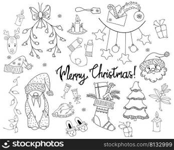 Big set of Christmas and New Year design elements in doodle style. Vector illustration. Isolated drawings. For design and decor postcards Merry Christmas