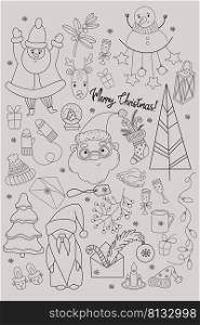 Big set of Christmas and New Year design elements in doodle style. Vector illustration. Isolated. outline, Hand drawings For design and decor postcards Merry Christmas