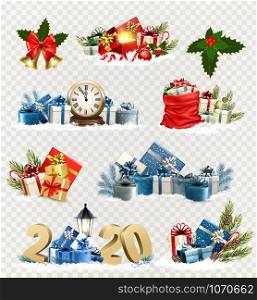 Big set of Christmas and New Year Holiday icons and objects. Vector illustration.