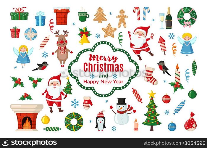 Big set of Christmas and New Year icons in flat style isolated on white background. Vector illustration. Traditional Christmas symbols.. Big set of Christmas icons in flat style.