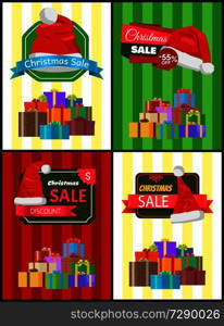 Big set of Christmas sale advertisement promo posters with Santa’s hat, discount label with text and piles of gift boxes vector illustration posters set. Big Set Christmas Sale Advertisement Promo Posters