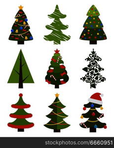 Big set of Christmas tree symbols with or without decorative elements, abstract spruces with garlands and toys, topped by hat or star vector on white. Big Set Christmas Tree Symbols With Without Decor