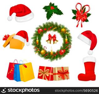 Big set of Christmas wreath with christmas tree and candle. Vector illustration.