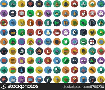 Big set of circle flat design icons with fitness, beauty, shopping, spa and barber symbols. Vector illustration.