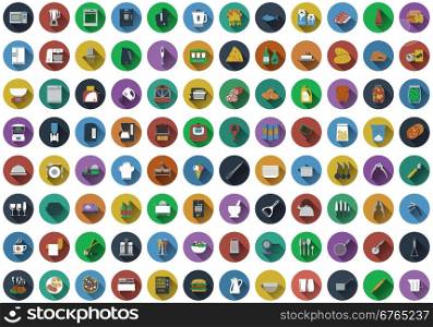 Big set of circle flat design icons with restaurant , kitchen and utensils symbols. Vector illustration.