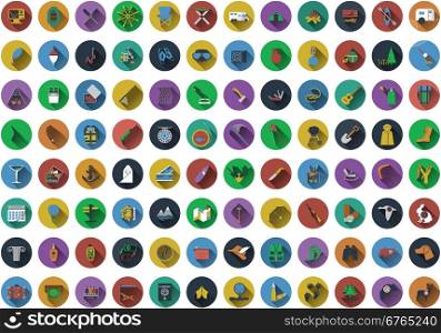 Big set of circle flat design icons with travel, camping, fishing and hunting symbols. Vector illustration.