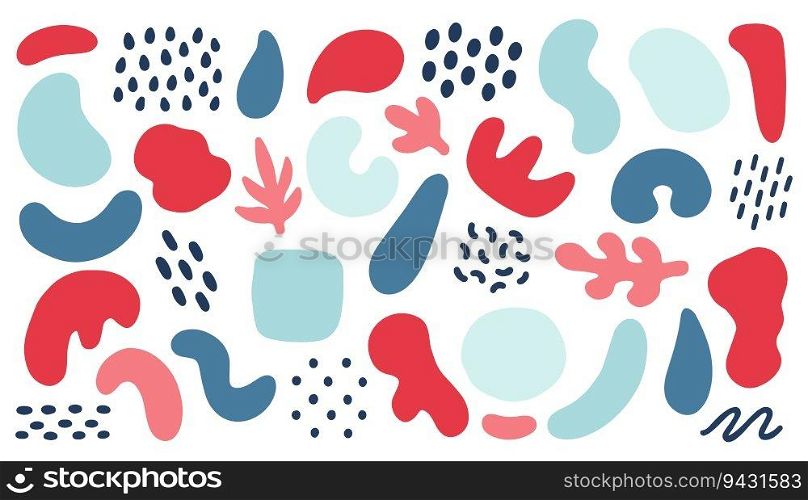 Big set of colorful hand painted various shapes, curls, forms, brush strokes and doodle objects. Abstract modern minimalist trendy vector illustration.