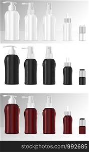 Big set of cosmetics or medical bottles. Dropper, sprayer, dispencer packaging mockup. 3d vector illustration.. Set cosmetics or medical bottle. Dropper, sprayer
