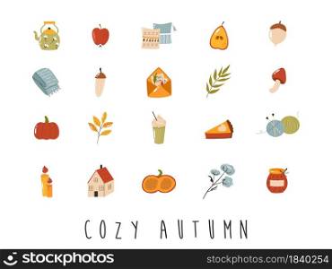 Big set of cozy autumn icons in flat style. Hygge vector collection on white background. Big set of cozy autumn icons in flat style