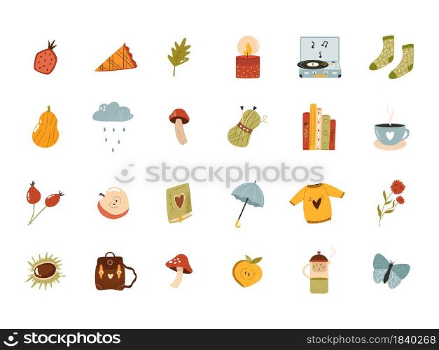 Big set of cozy autumn icons in flat style. Hygge vector collection on white background. Big set of cozy autumn icons in flat style