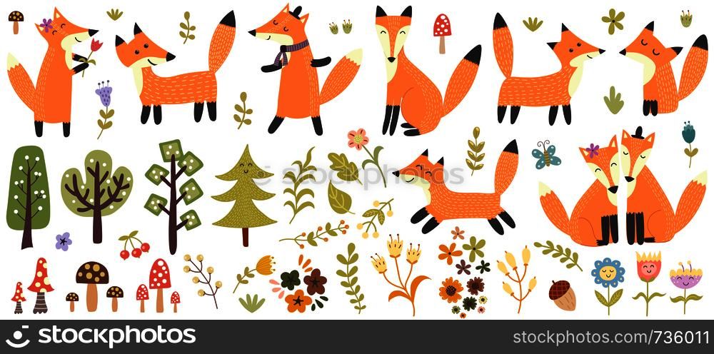 Big set of cute foxes, trees and plants. Forest elements collection. Vector illustration