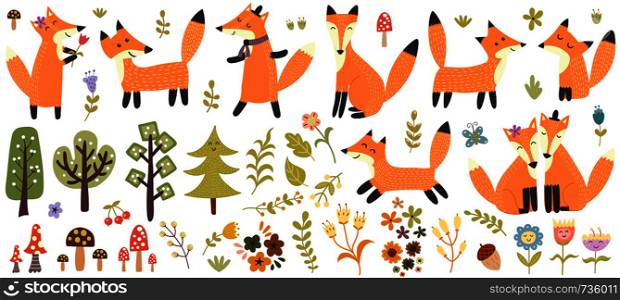 Big set of cute foxes, trees and plants. Forest elements collection. Vector illustration