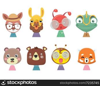 Big set of cute funny animals faces. . Set of cute funny little animals.