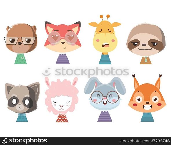 Big set of cute funny animals faces. . Set of cute funny little animals.