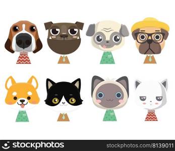 Big set of cute funny animals faces. . Set of cute funny little animals.