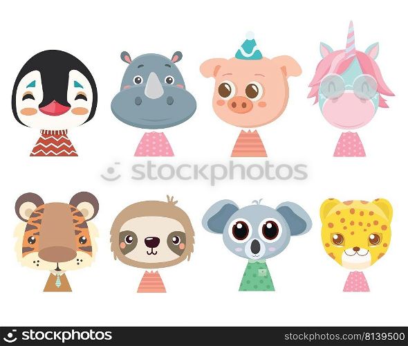 Big set of cute funny animals faces.  . Set of cute funny little animals. 