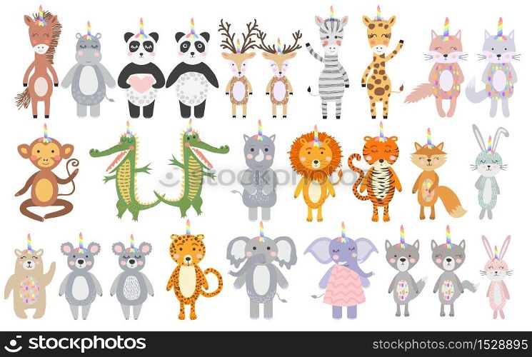 Big Set of cute funny animals with unicorn horns, Scandinavian style flat design. Concept for children print.. Set of cute funny animals with unicorn horns, Scandinavian style flat design.