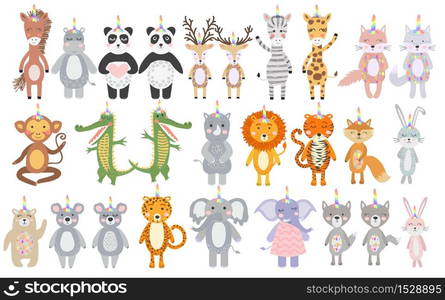 Big Set of cute funny animals with unicorn horns, Scandinavian style flat design. Concept for children print.. Set of cute funny animals with unicorn horns, Scandinavian style flat design.