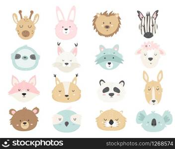 Big set of cute hand drawn animals. Vector character collection for prints, baby shower templates, greeting cards. Big set of cute hand drawn animals.