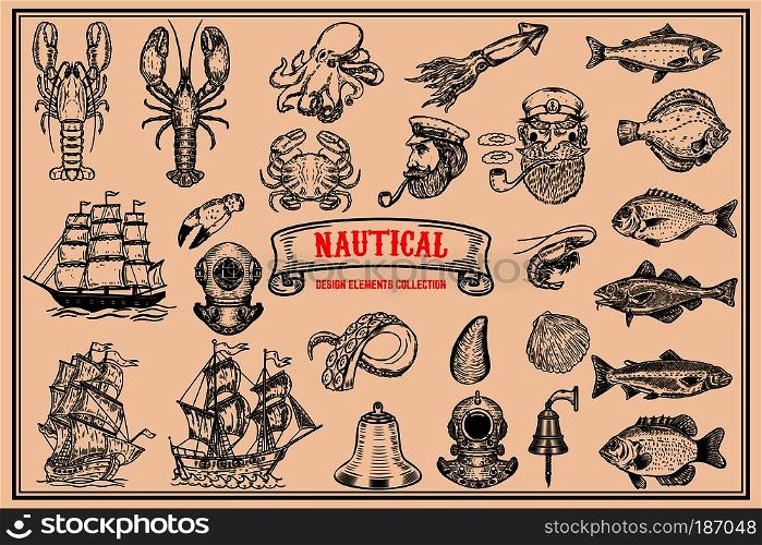 Big set of design elements for nautical emblems, seafood restaurant. Vector illustration.