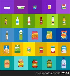 Big Set of Different Food, Drinks and Dairy Products Flat Vector Icons. Groceries Collection in Colorful Bright Paper, Plastic and Glass Packaging. Food Shop, Grocery or Supermarket Goods Assortment