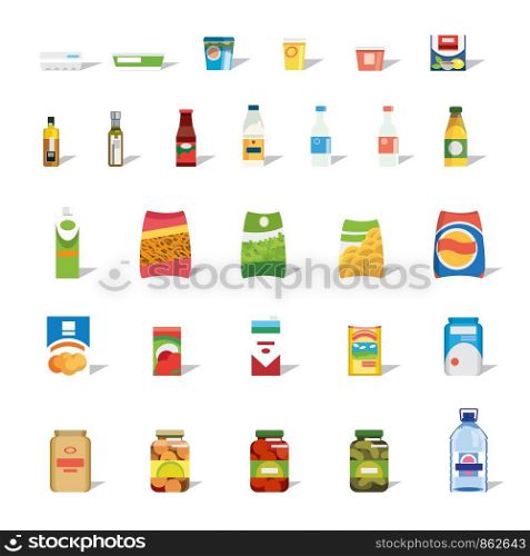 Big Set of Different Food, Drinks and Dairy Products Flat Vector Isolated on White Background. Groceries Collection in Bright Paper, Plastic and Glass Packaging. Food Shop or Supermarket Assortment